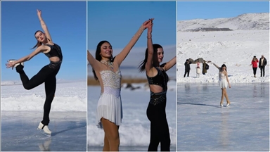 Türkiye Artistik Buz Pateni milli takım sporcuları Çıldır Gölü'nde gösteri yaptı