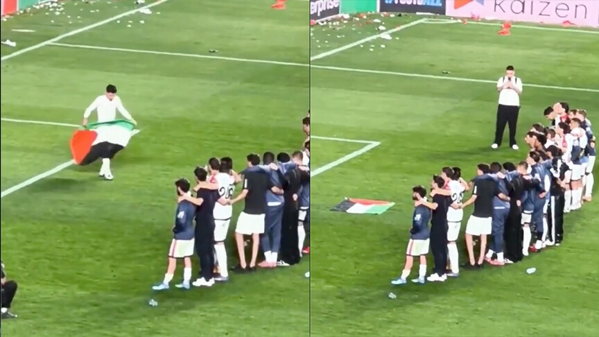 Futbollistët e Rayo Vallecanos festojnë fitoren ndaj Strasbourg me flamurin palestinez