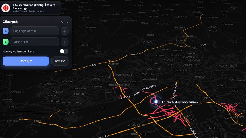 Ankara'da yapılacak 36. NATO Zirvesi için hazırlanan dijital trafik haritası bilgilendirme görseli.