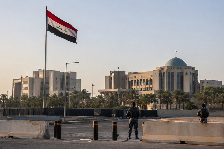 Irak bayrağı ve adalet terazisi sembolleri.