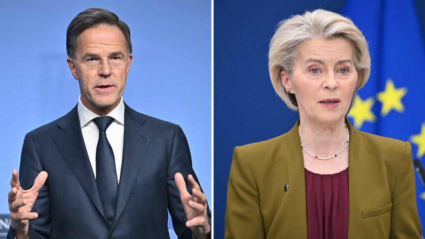 NATO Genel Sekreteri Mark Rutte ve AB Komisyonu Başkanı Ursula von der Leyen bir toplantıda konuşurken