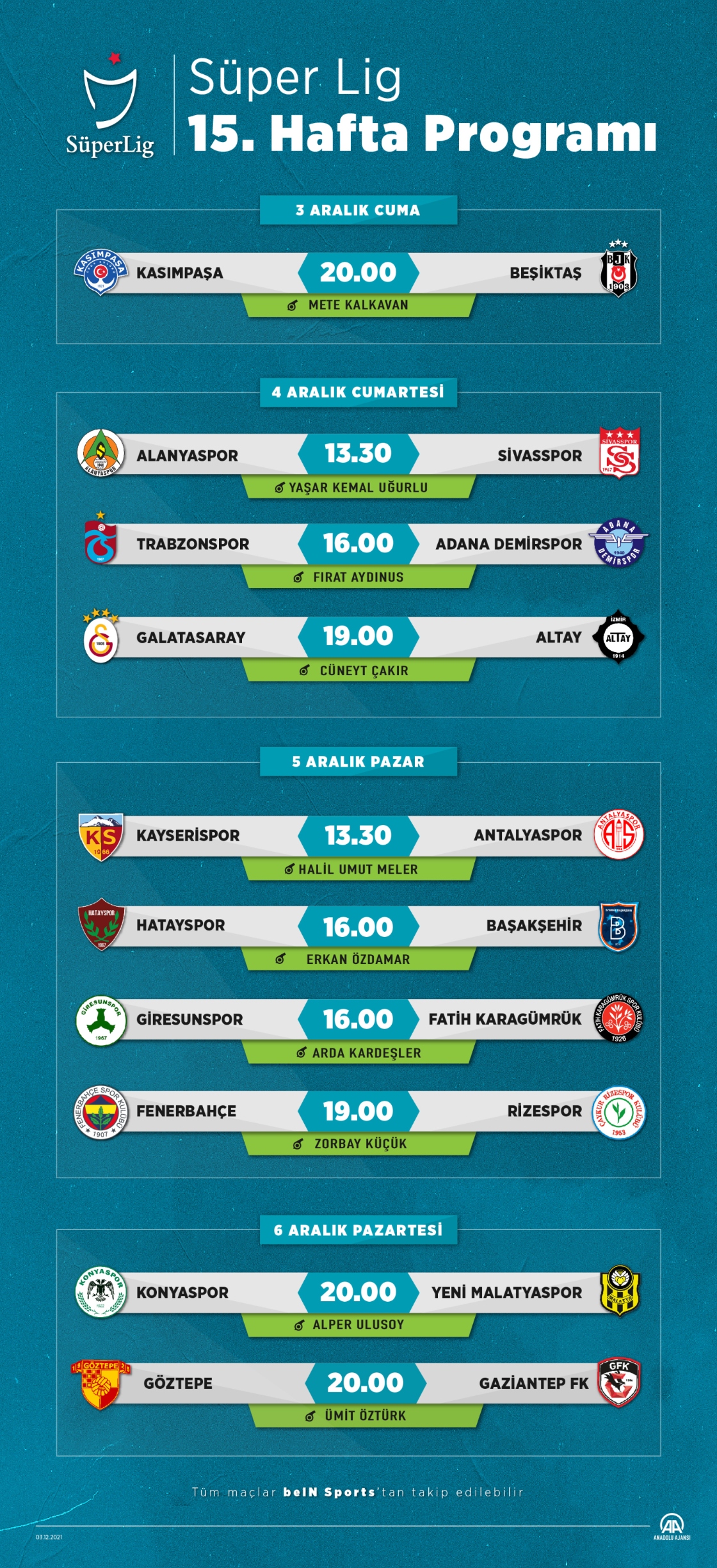 Süper Lig 15. Hafta Programı