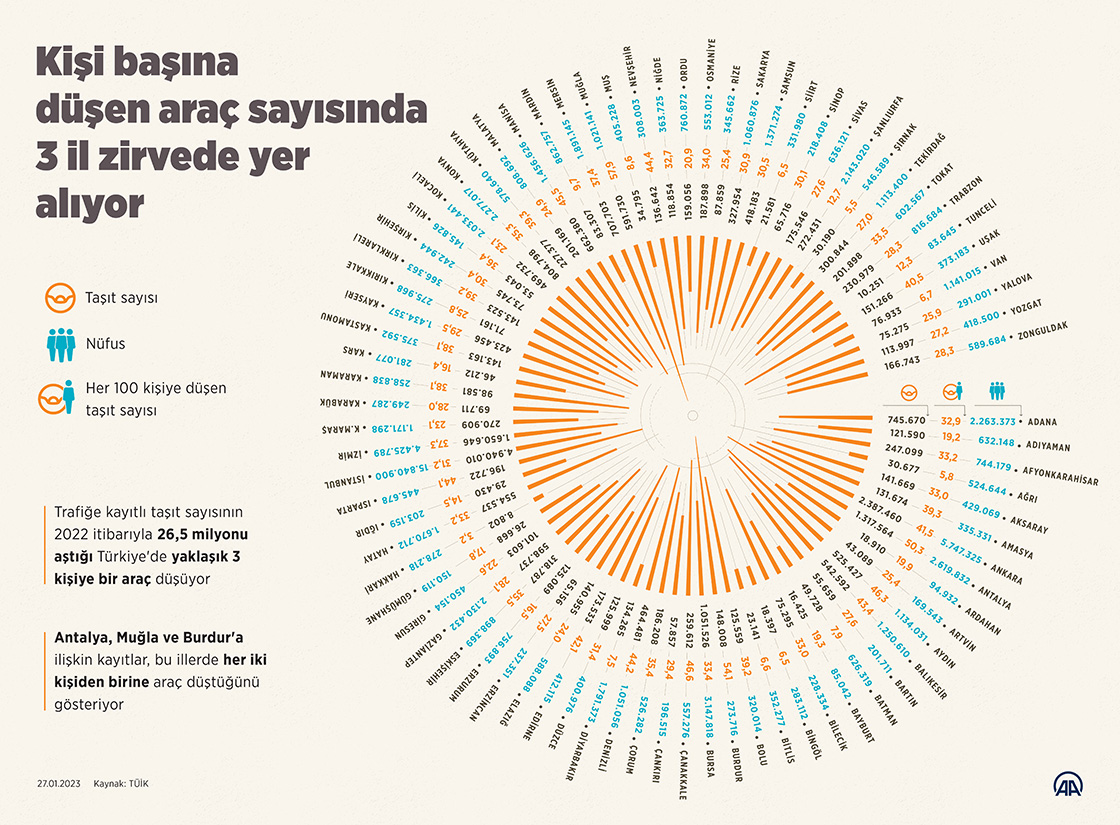 Kişi başına düşen araç sayısında 3 il zirvede yer alıyor
