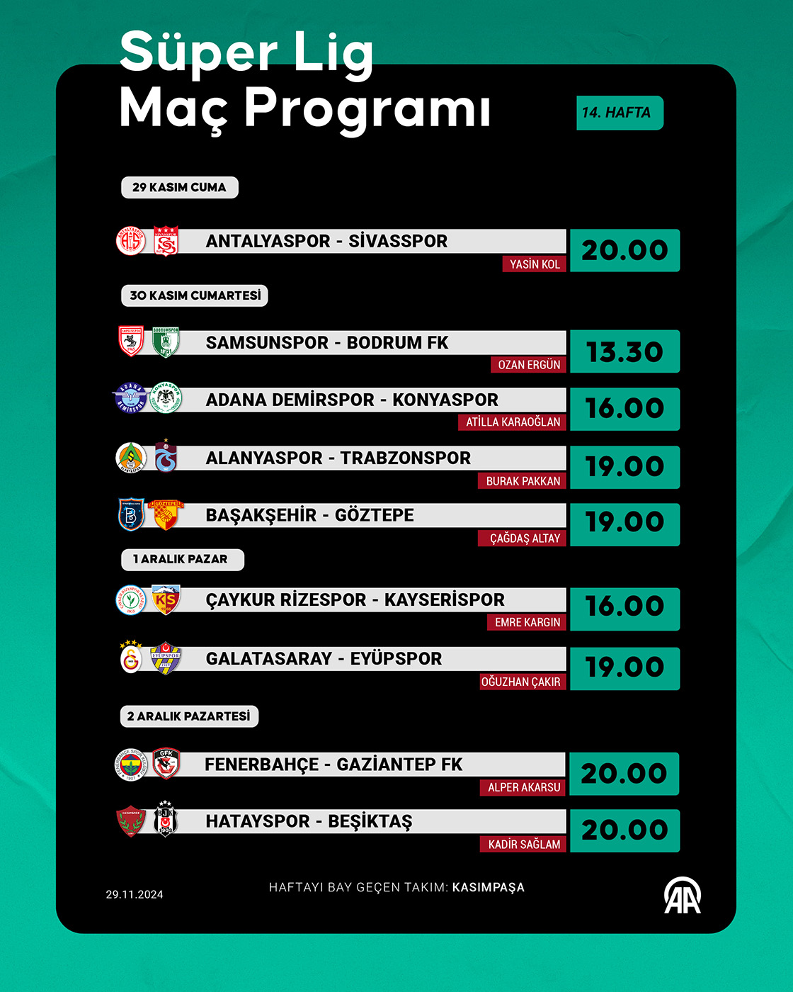 Süper Lig 14. hafta programı