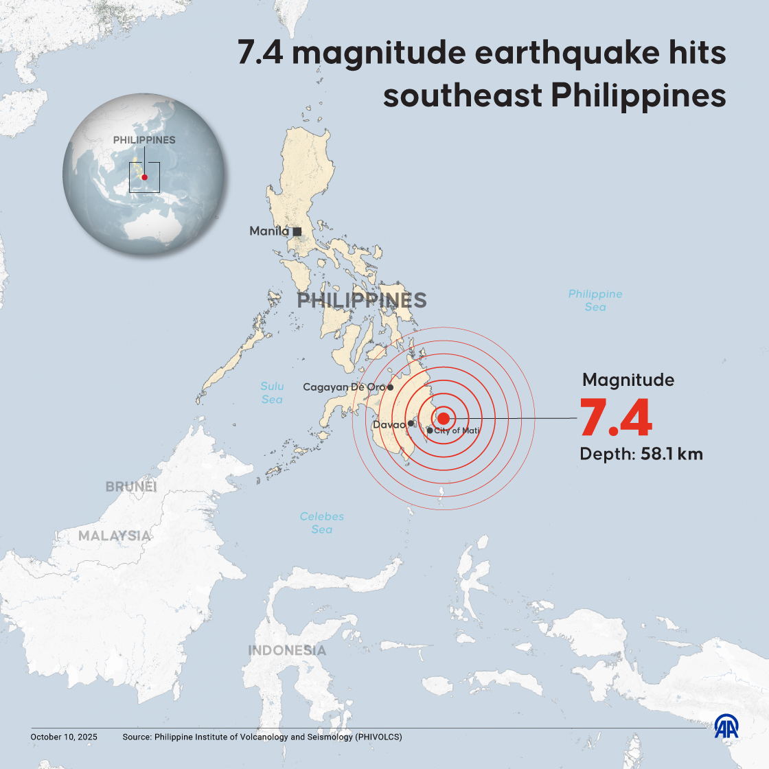 7.4 magnitude earthquake hits southeast Philippines
