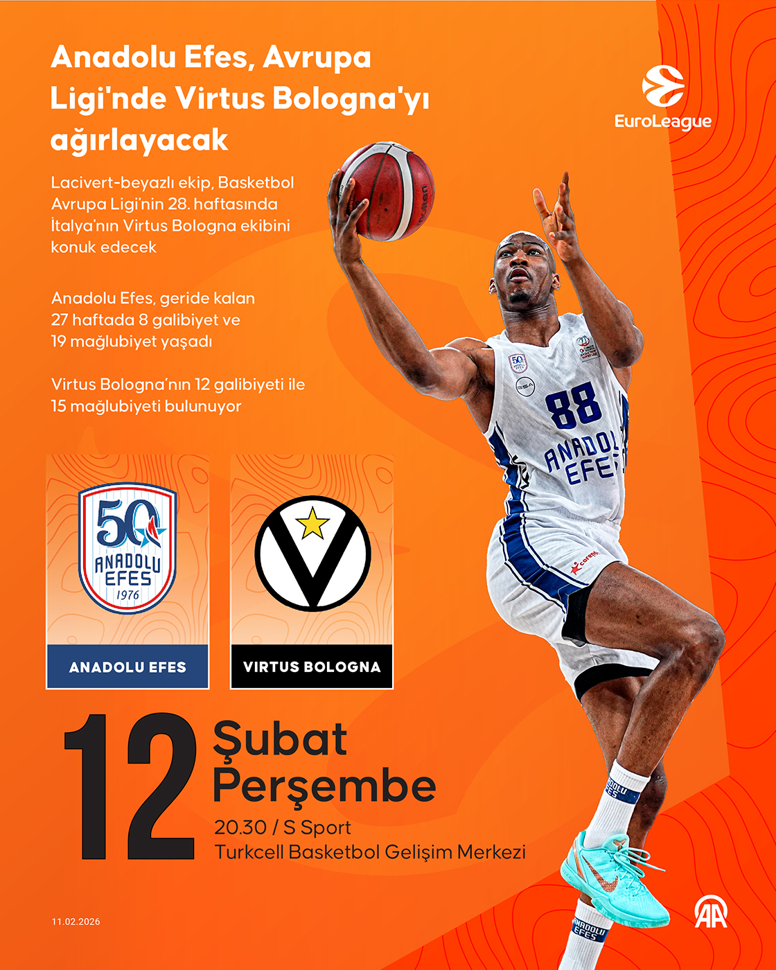 Anadolu Efes, Avrupa Ligi'nde Virtus Bologna'yı ağırlayacak