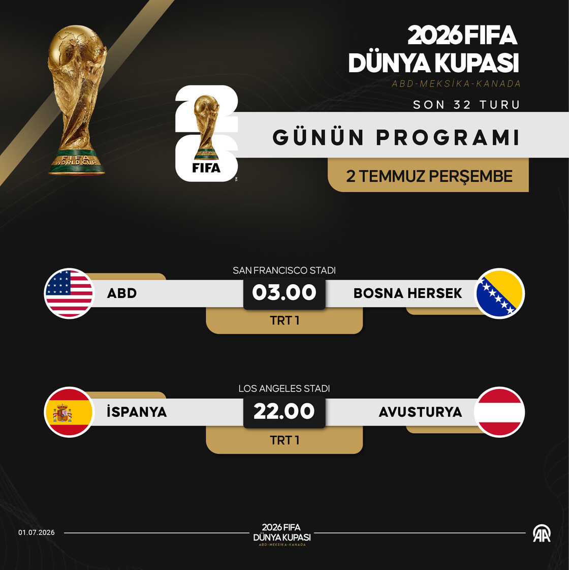 2026 Dünya Kupası son 32 turunda yarın 2 maç yapılacak