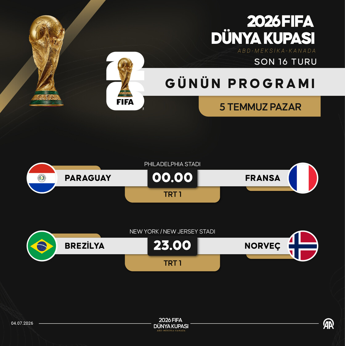 2026 Dünya Kupası son 16 turunda yarın 2 maç yapılacak