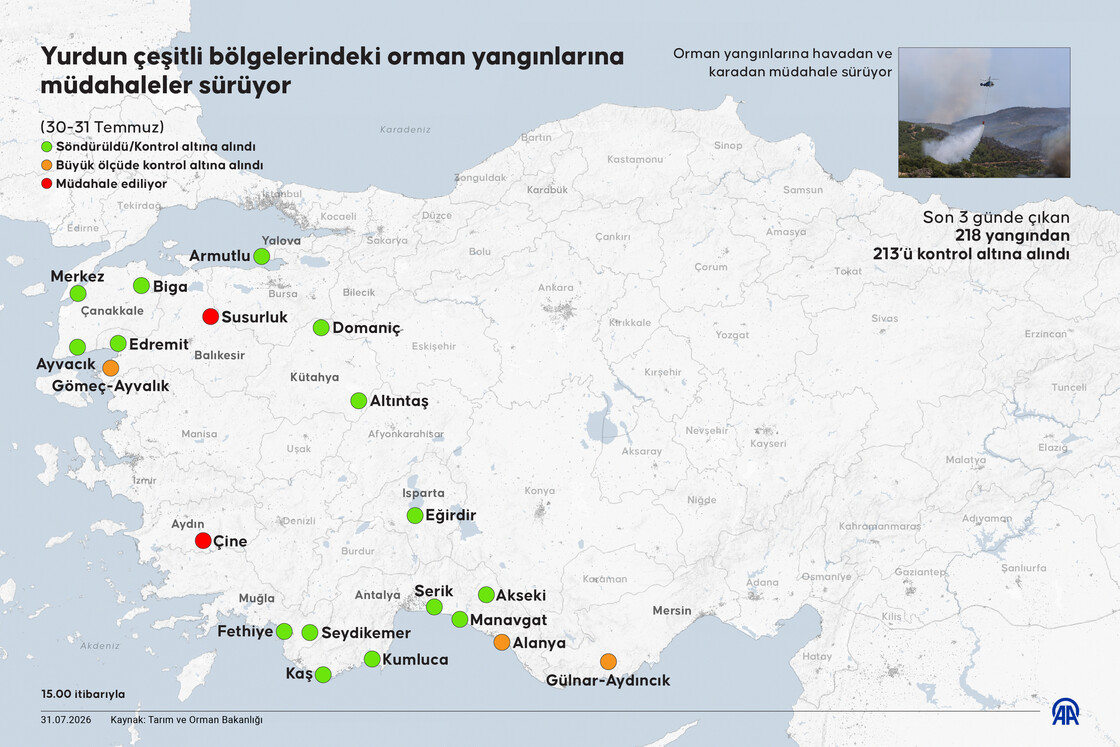 Yurdun çeşitli bölgelerindeki orman yangınlarına müdahaleler sürüyor