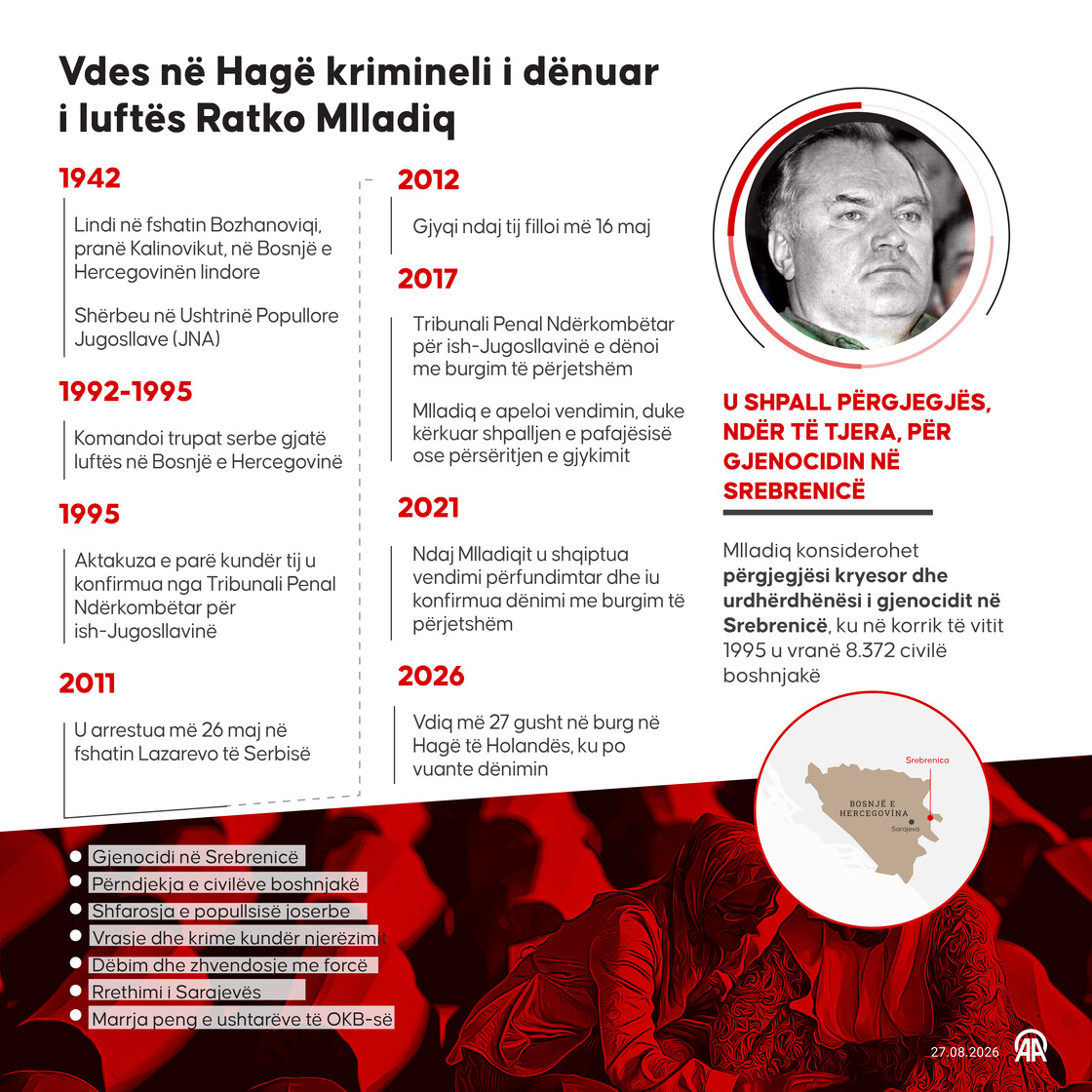 Vdes në Hagë krimineli i dënuar i luftës Ratko Mlladiq