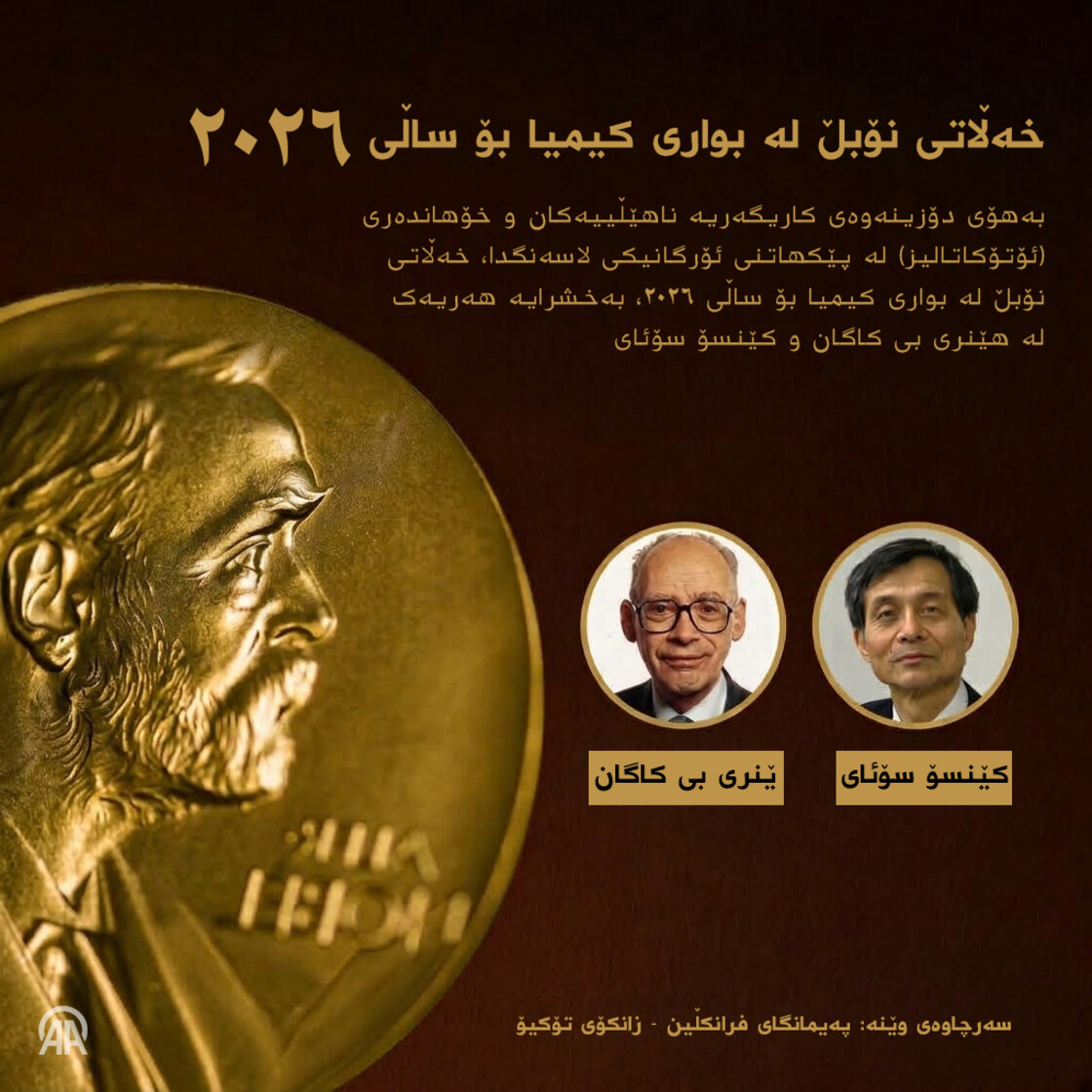 خەڵاتی نۆبڵ له‌ بواری کیمیا بۆ ساڵی ٢٠٢٦ بەخشرایە کاگان و سۆئای