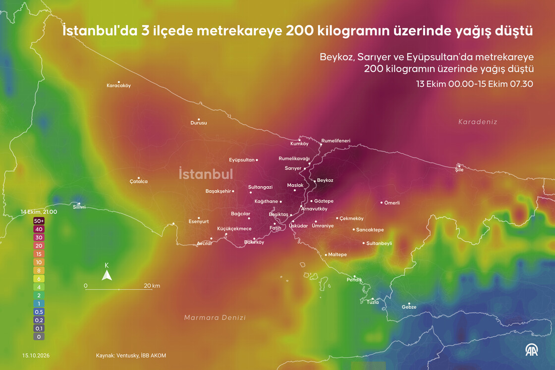 İstanbul'da 3 ilçede metrekareye 200 kilogramın üzerinde yağış düştü