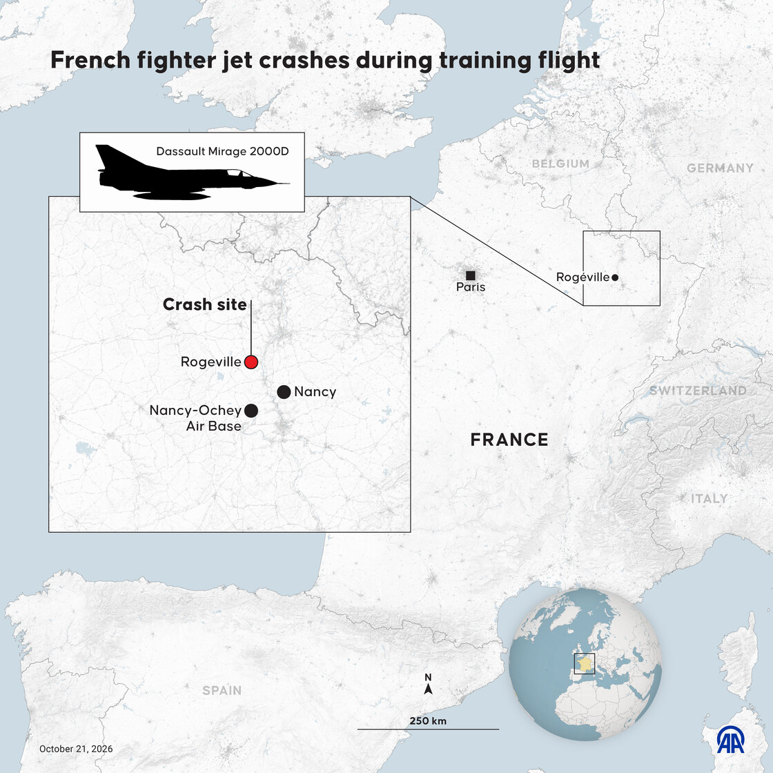 French Air Force fighter jet crashes in northeastern France, killing the pilot