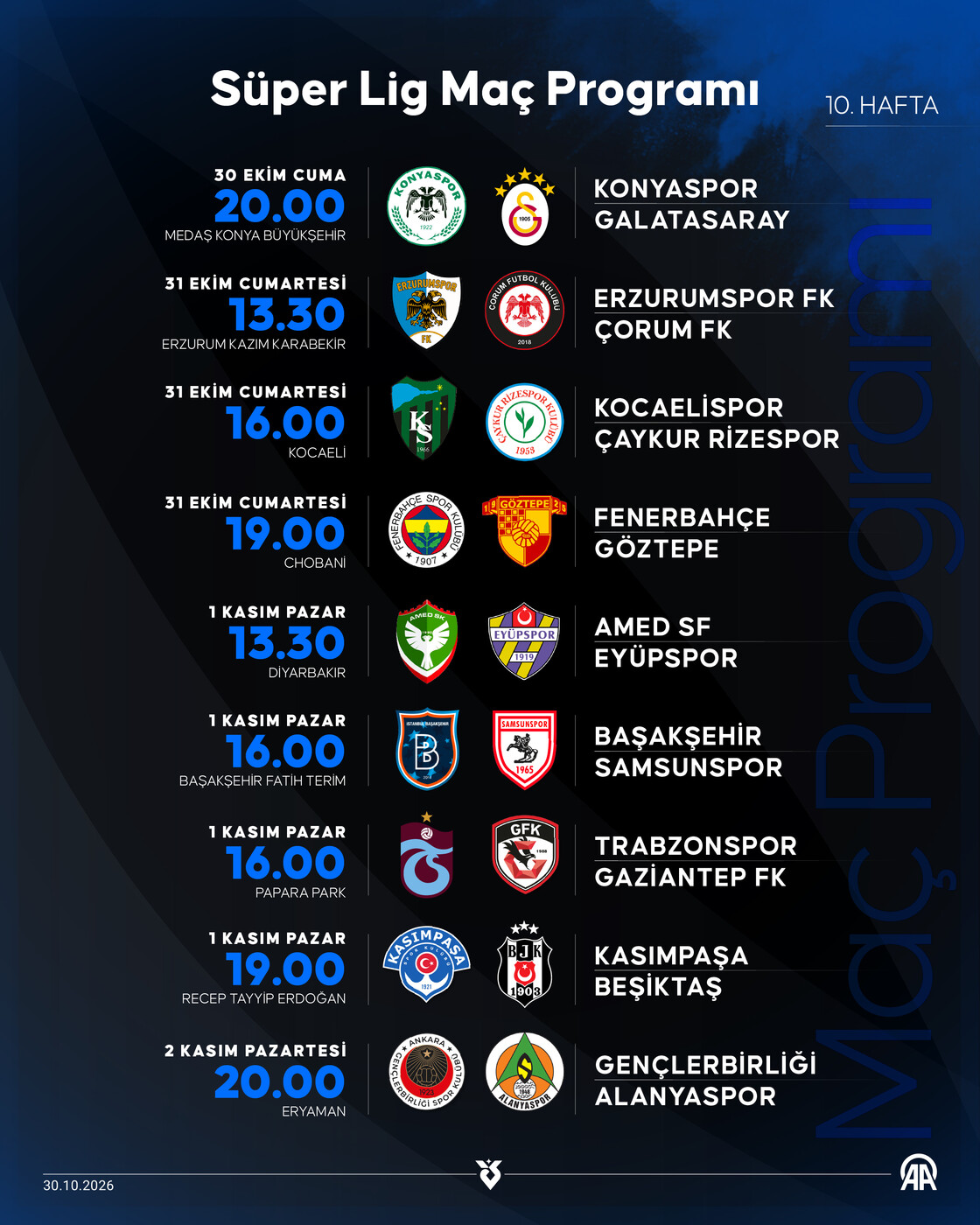 10. Hafta Süper Lig Maç Programı