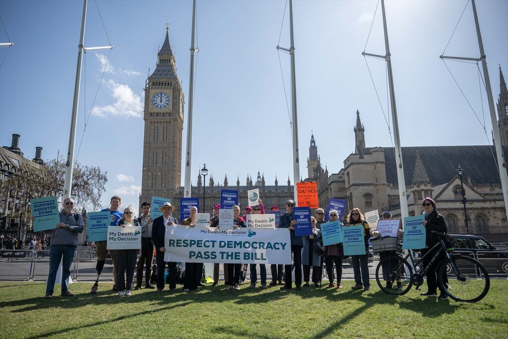 A demonstration held in support of the assisted death bill in London