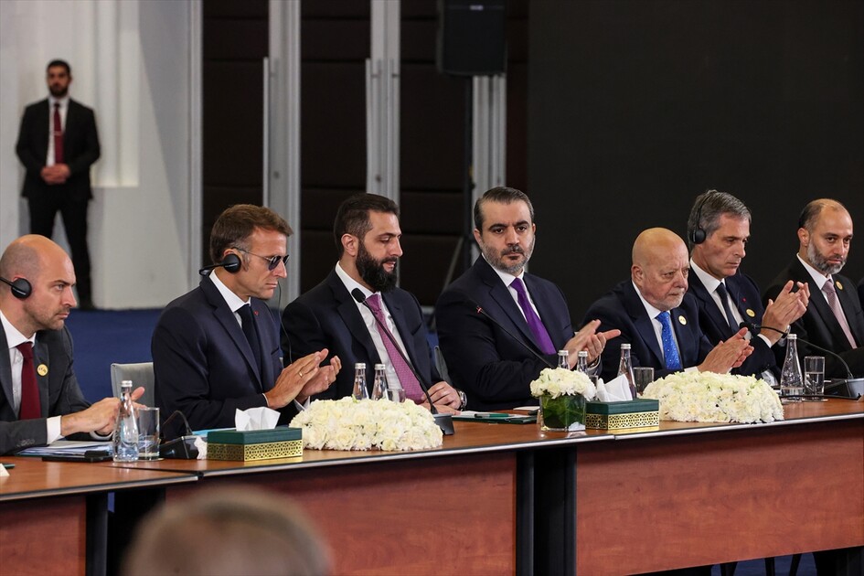Syrian President Ahmed Shara and French President Emmanuel Macron address Syria-France Economic Forum in Damascus