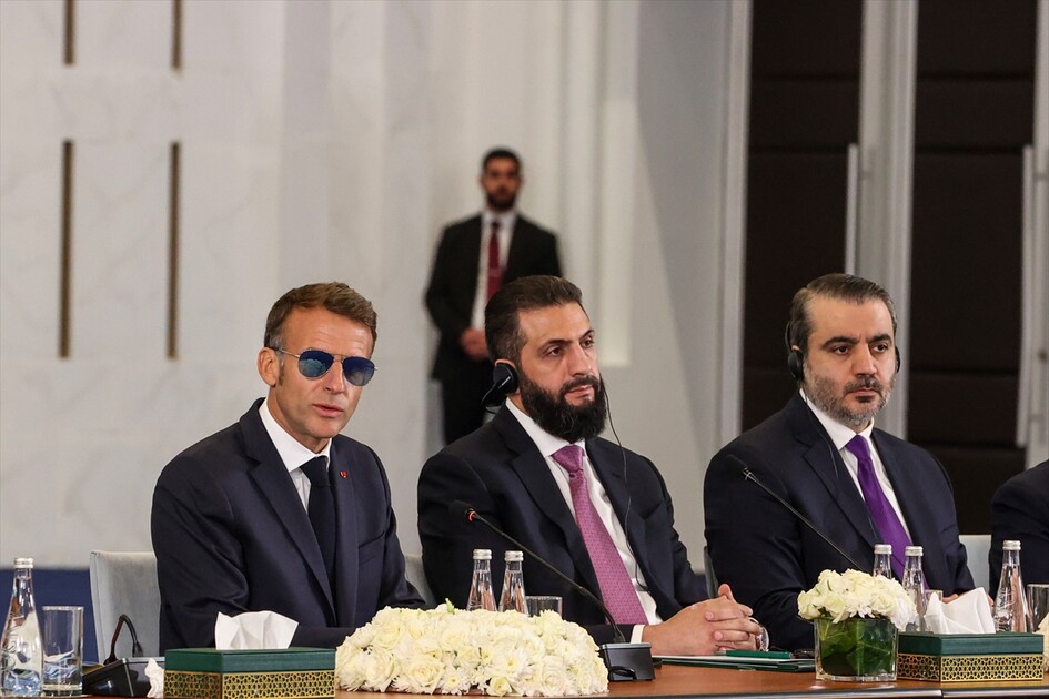 Syrian President Ahmed Shara and French President Emmanuel Macron address Syria-France Economic Forum in Damascus
