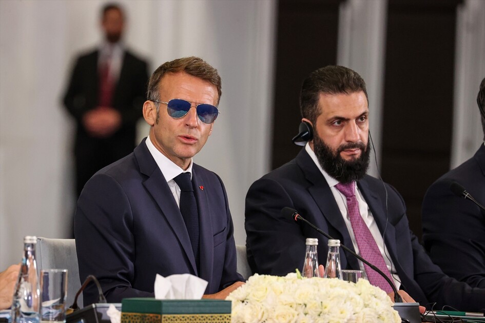 Syrian President Ahmed Shara and French President Emmanuel Macron address Syria-France Economic Forum in Damascus