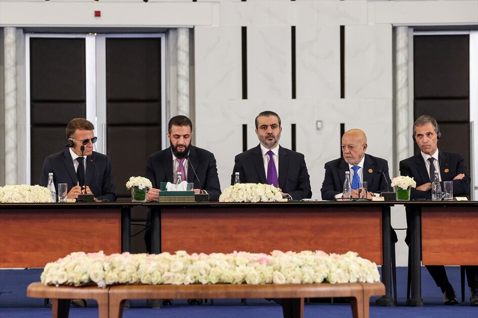 Syrian President Ahmed Shara and French President Emmanuel Macron address Syria-France Economic Forum in Damascus