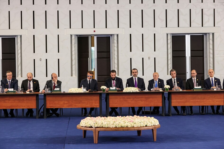 Syrian President Ahmed Shara and French President Emmanuel Macron address Syria-France Economic Forum in Damascus