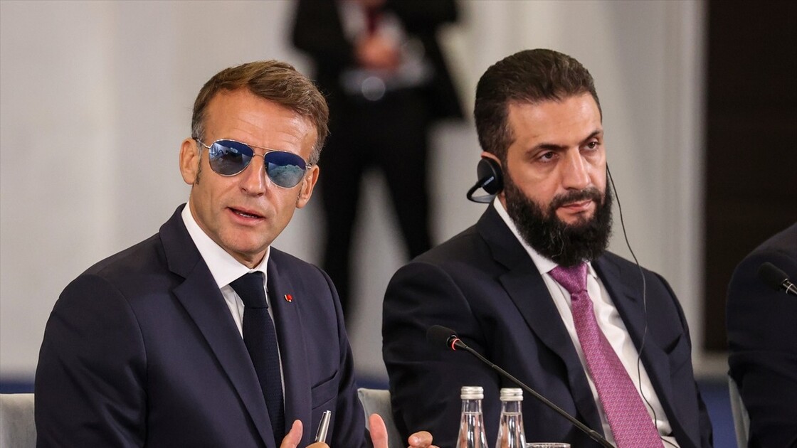 Syrian President Ahmed Shara and French President Emmanuel Macron address Syria-France Economic Forum in Damascus